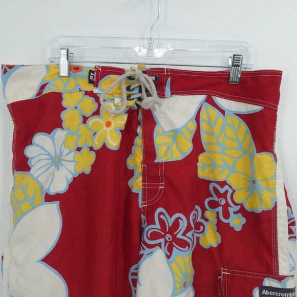 VTG Abercrombie Fitch Shorts Mens 36 Red Floral Hawaiian Swim Trunks Boardshorts - Picture 9 of 13